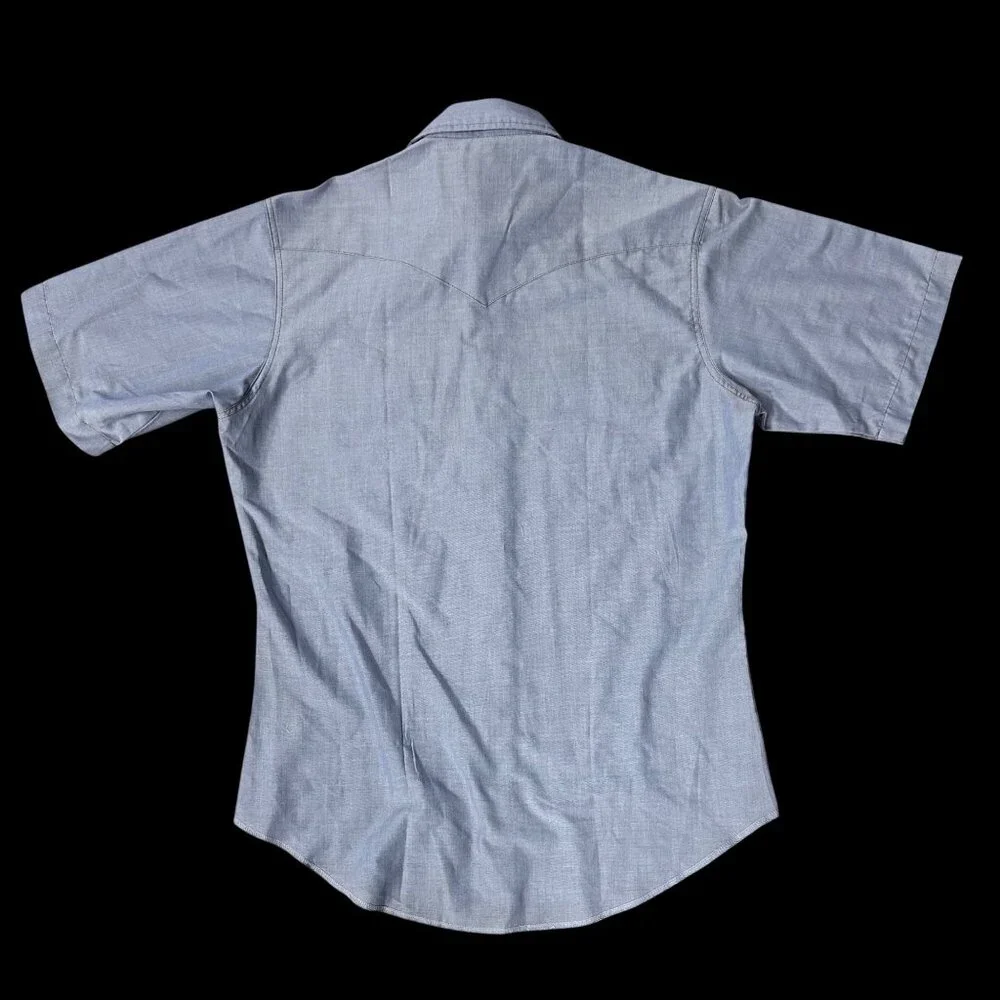 Vintage Western Pearl Snap Shirt Blue Short Sleeve Wrangler Cowboy Retro 15.5 - Picture 3 of 7